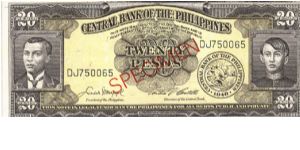 Philippine English series 20 Pesos Specimen note with DJ prefix. Banknote
