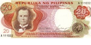 Philippine 20 Pesos note with signature group 7. Banknote