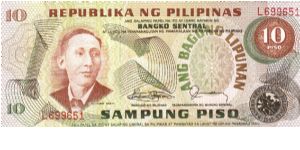 Philippine 10 Pesos note with signature group 10. Banknote