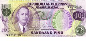 Philippine 100 Pesos note with signature group 10. Banknote