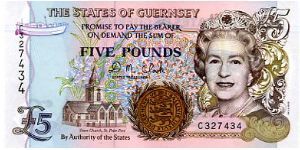 £5 THE STATES OF GUERNSEY
State Treasurer D M Clark
Front Town Church St Peters Port/Seal/Queens Head 
Rev Fort Gray & Hanois Lighthous
Watermark Queens Head Banknote