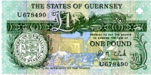 £1 THE STATES OF GUERNSEY
Treasurer D M Clark
Front Seal/Street Market 
Rev D Liselbrock Bailiff of Guernsey 1762/1842
Watermark seems to be D Liselbrock Banknote