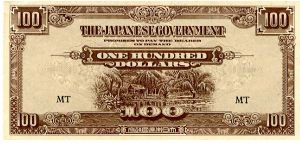 Malaya Japanese Occupation Currency 1942/45
$100 Brown
Front Hut by river
Rev Native with Oxen
Watermark Value in oval Banknote