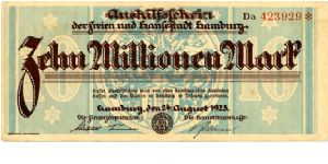 Germany 
Hamburg Notgeld 24 Aug 1923
10000000M Brown/Blue
Front City arms in central cachet & text
Uniface
Watermark Conected Ovals Banknote