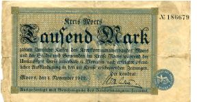 Germany
Kreis Moers Notgeld 1 Nov 1922
Green/Black
Front Value in center overwritten with text & State seal at bottom right enclosed in a fancy frame
Rev Value down left side Xanter Cathedral in center with 4 coats of arms enclosed in frame
Watermark Wavy Lines Banknote