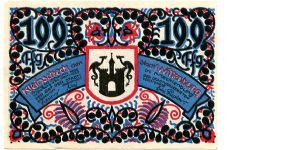 Germany 
Wittenburg 20 Jan 1922
199pf Blue/Red/Black
Front Flowery Scrolling, Town Arms in Center
Rev Ghostly Knight above rock with Cross on it Banknote