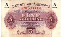 Austrian Millitary Currency Series 1944
5s Purple /Red Serial #
Front Fancy Cachet Value in Numerals & German
Rev Fancy Cachet Value in Numerals 
Watermark Wavy Lines Banknote
