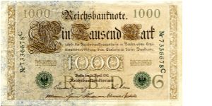 Germany 
Berlin 21 Apr 1910
1000M Brown
Green Seal
Front Scrollwork Value in Center
RevFancy Frame 2 female figures standing either side of the German Eagle
Watermark cant make one out Banknote