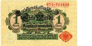 Germany
Berlin 12 Aug 1914
1M Red/Black
Embossed & Red seal
Front value each side of central fancy cachets
Rev Value each side of central Eagle
Watermark Interlaced Diamonds Banknote