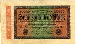 Germany
Berlin 20 Sep 1923
2000M Red/Green/Black
Black seal
Front Scrollwork & value down 1 edge
Rev Fancy Scrollwork, Value in center
Watermark Interlaced Diamonds Banknote