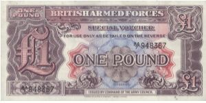 AA series  no:AA/7 948367

Obverse:British Armes Forces,Special Voucher 2nd Series

Reverse:1 pound

Printed by Thomas De La Rue Company Limited,london.

OFFER VIA EMAIL Banknote