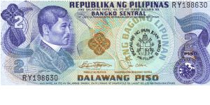 Philippine 2 Pesos note with overprint. Banknote