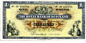 ROYAL BANK of SCOTLAND

G P Robertson General Manager
£1 1 Jun 1967
Blue/Black/Brown on Yellow
Front George I flanked by Lion & Unicorn, Female figures bottom corners
Rev Blue/Black panel showing Head office in Edinburgh & Glasgow Banknote