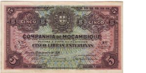 KM#R32 Companhia de Moçambique 5 Libras 1934, punched Pago 5/11/1942 Banknote