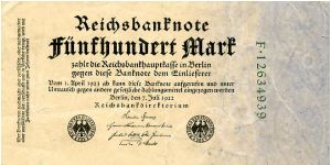 Berlin 7 Jul 1922 
500M Black/Green
Black Seal
Front Very plain Black Script, # in Green
Uniface
Watermark Value down one edge Banknote