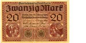 Berlin 20 Feb 1918
20M Redbrown/Brown
Brown Seal
Front Value across top, value above helmeted heads each side of center
Rev Warrior, Eagle top center, Value center, Girl
Watermark scrolling Banknote