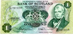 BANK of SCOTLAND

Governor Lord Clydesmuir
Treasurer & General Manager A M Russell
£1 28/10/1976 
Green
Front Banks Arms in center & Sir Walter Scott to the right
Rev Shield & Thistles flanked by ship & Pallas emblem Banknote