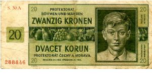 Bohemia & Moravia
20K 24 Jan 1944
Green/Red
Front Value, Value in Czech & German with fruit in center, Boy's Head
Rev Framework with value, Value in Czech & German over arms, value top & bottom
Watermark looks to be X's Banknote