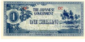 Japanese Occupation Currency Ociana 1942
1 Shilling Blue
Front Value, Fruit, Fancy Seal, Palm trees on beach
Rev Value in corners and at each end & fancy scrollwork Banknote