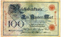Berlin 17 Apr 1903
100M Blue/Black/Red
Red Seal
Front Framework Value in Center
Rev Frame 2 female figures standing either side of the Cachet with Female Head in it, Value in top corners
Watermark No? Banknote