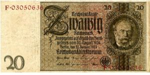Berlin 22 Jan 1929
20M Brown/Olive/Red
Black Seal
Front Serial # Top corner Value below2/3 Framework Value in Center, Mans Head in Cachet
Rev Frame 2 Cherubs either side of the Cachet with Malee Head in it, Value in corners
Watermark Interlocking Diamonds Banknote
