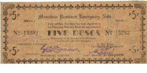 S-597 Mountain Province 5 Pesos note, countersigned on reverse, Bauko Province. Banknote