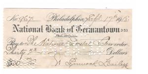1918 Check from Germantown  Philly. Pennslvania Banknote