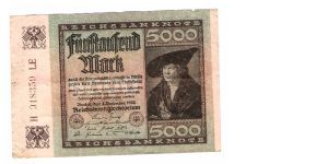GERMANY
5000-MARK
LARGE SERIEL NUMBER
H 918359 LE

13 OF 17 Banknote
