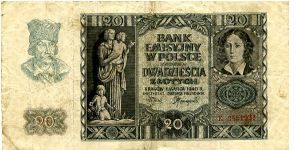 German Occupation

Krakow 1 Sep 1941
20z Olive/Cream
Front  Pesant head above value, Female Statue with children, writting in center, Female head
Rev Inner frame, statue at eather side with what looks like a church in the center
Watermark Vertical wavy lines Banknote