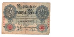 GERMANY 20 MARK
3 OF 5 DATED 1910
# J 922857 Banknote