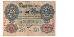 GERMANY 20 MARK
4 OF 5 DATED 1910
# E 6926821 Banknote