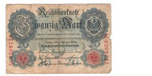 GERMANY 20 MARK
6 OF 8 DATED 1914
# M 9298725 Banknote
