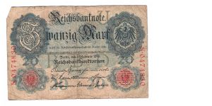 GERMAN 20-MARK
7 OF 8 DATED 1914
# N 0474830 Banknote