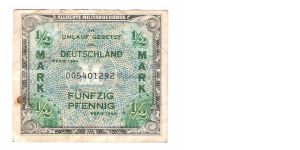ALLIED MILITARY CURRENCY
GERMAN 1/2 MARK
SERIEL #005401292 Banknote