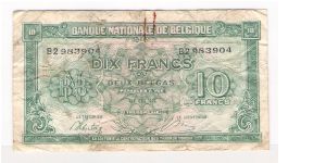 BELGIUM
10 FRANCS

SERIEL #
B2 983904
DATED
01.02.43 Banknote