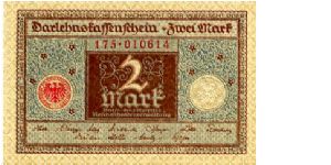 Berlin 1 Mar 1920
2 Darlehnskassenschein Mark 
Blue/Brown
Seal Red & White
Front Value in center seal either side
Rev Value in center & corners
Watermark No Banknote
