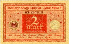 Berlin 1 Mar 1920
2 Darlehnskassenschein Mark 
Red/Brown
Seal Brown & White
Front Value in center seal either side
Rev Value in center & corners
Watermark Interlocking Diamonds Banknote
