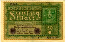 Berlin 24 Jun 1919  
50M Green
Seal Purple
Front Value in frame above seals, Girls head above value 
Rev 3 ovals 2 outer with value in center has writting
Watermark No Banknote