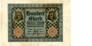Berlin 1 Nov 1920 
100M Blue/Gray 
Seal Red
Front Head above seal on each side & value top center 
Rev  Value in corners & in center
Watermark Value Banknote