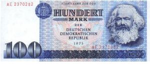 East Germany - 100 Marks;  Karl Marx on front;  Street scene on back Banknote