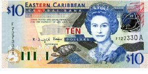 East Carribean States  
Antigua & Barbuda 2003
$10
Multi 
Governor K D Venner
Front Fish, Turtle, Goverment House, HRH EII 
Rev Admiralty Bay, Map, The Warspite, fish
Security Thread
Watermark Queens Head Banknote