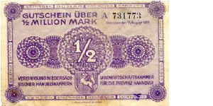 Hannover 15.8.1923
500,000 M
Mauve
Front Fancy frame, value in center above State Arms
Rev Value center above Eagle, signitures & date at bottom
Watermark Yes Banknote