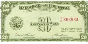 PI-130b RARE Central Bank of the Philippines 20 centavos note in series 3 - 3. Banknote