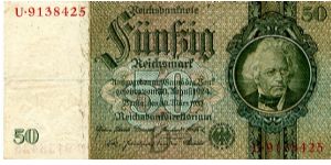 Berlin 30 Aug 1924
50 Rm Green/Brown
Seal Green with a white control seal 'D'
Front Serial # above Value, 2/3 frame, Value above date, Values above Mans Head
Rev Cherubs each side of Mercury's Head, Value above & below Cherubs  2/3 frame
Watermark Mans Head Banknote