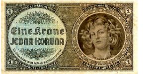 1K 1939
Blue/Gray/Red
Front  Value in corners, Value in German & Czech, Girls Head
Rev Value each side of Czech Lion top & Bottom
Watermark No Banknote