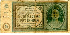 5K 1940
Green/Red/ Blue
Front  Value top & Bottom edge, Value in German & Czech, Girls Head
Rev Girls Head, Value each side of Czech Lion, Value top & Bottom
Watermark No Banknote