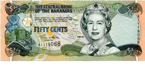 $1/2  2001
Multi
Front Value in corners, Baskets, Map of the Islands, HRH
Rev Lady fruit seller in center, State Arms, Value in top corners
Security Thread
Watermark Ship Banknote