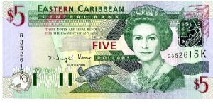 $5 2003   
Multi
Governor K D Venner
Front Fish, Turtle,HRH EII 
Rev Admiral House Antigua & Barbuda, Gold fish over map, Trafalgar falls
Security Thread
Watermark Queens Head Banknote