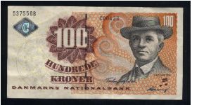 100 Kroner.

Carl Nielsen at right on face; basilisk stone relief from Tommerby Church in Thy at left center on back.

Pick #61 Banknote