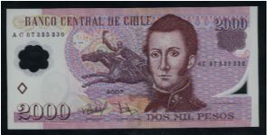 2,000 Pesos.

Polymer Issue.

Manuel Rodriguez E. at right, statue of Manuel Rodriguez on horseback at center on face; Iglesia de los Dominicos (church) at center on back.

Pick #NEW Banknote